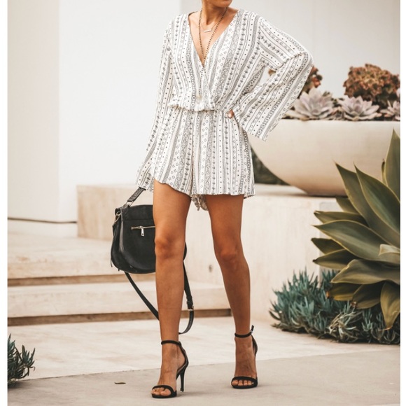 CLEARANCE Cross Front V Neck Long Sleeve Boho Romper - Picture 3 of 4